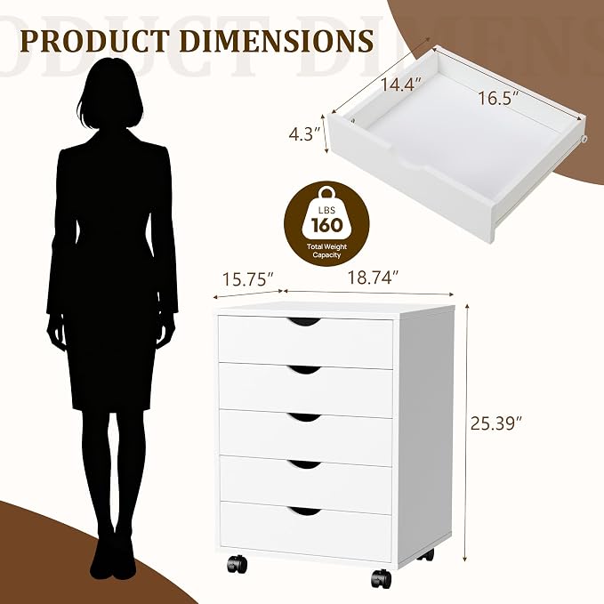 5 Drawer Rolling Storage Cabinet, Mobile File Cabinet for Office, White | Rolling Storage Cabinet with 5 Drawers for Desk Drawer Organization, Home Office Storage and Printer Stand - Image 3
