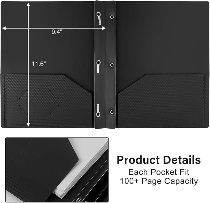 12-Pack Plastic Folders with Pockets and Prongs,2-Pocket Folders with 3 Fasteners, Poly Folders Holds 8-1/2" x 11" Paper for School/Office/Home - Image 4