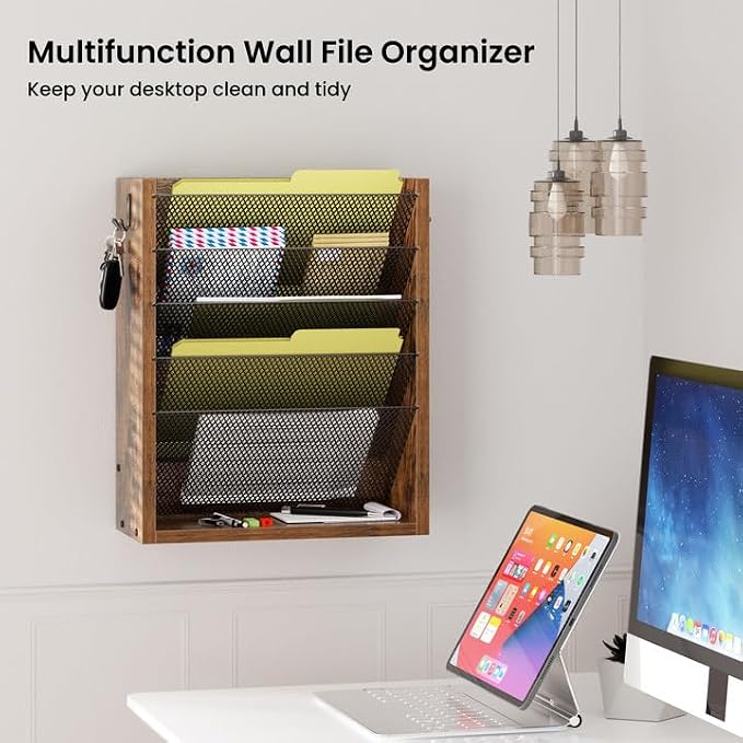 Mail Organizer Wall Mounted, 6-Slot Hanging File Organizer with Key Holder | Mail Sorter, Wood Letter Holder for Envelopes Bills Magazine Folders Papers Accessories for Home Office, Rustic Brown - Image 3