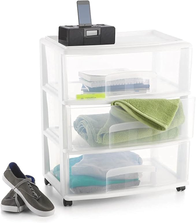 Plastic Storage Drawer Cart, Medium Home Organization Storage Container with 3 Large Clear Drawers With Wheels (White) - Image 4