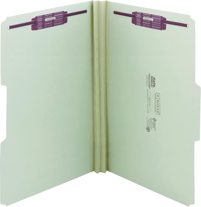 Smead Pressboard File Folder with SafeSHIELD® Fasteners, 2 Fasteners, 1/3-Cut Tab, 2" Expansion, Legal Size, Gray/Green, 25 per Box (19934) by SMEAD