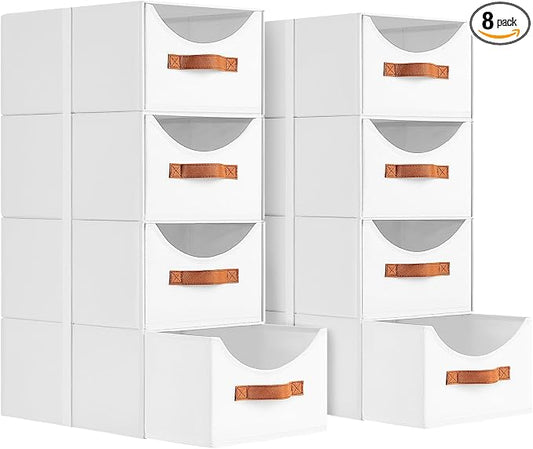 Stackable Storage Drawers - Collapsible Storage Bins with Drawers, 8 Pack Closet Shelf Organizer Basket, Fabric Pull Out Organizer for Bedroom, Living Room, Dorm, White by Homsorout