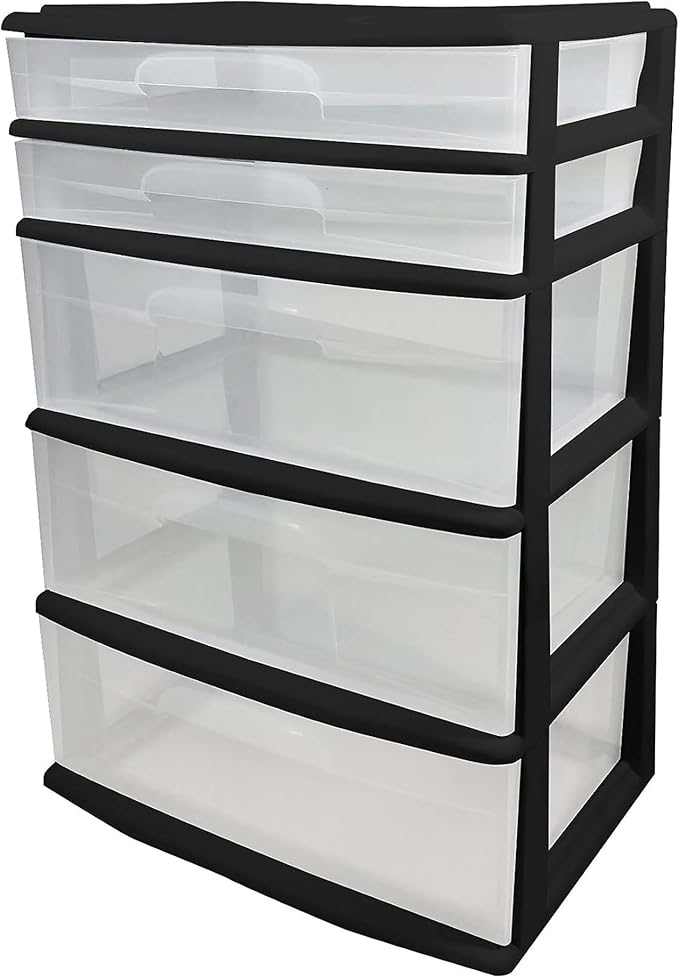 HOMZ Drawer Tower, 5-Tier Storage Organizer Unit, Black Frame | Extra-Wide Plastic Organizer with Clear Bin Drawers for Bedroom, Bathroom, Home Office, and Dorm Rooms by Homz