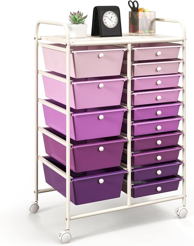 GOFLAME 15-Drawer Rolling Storage Cart, Craft Storage Cart with Removable Drawers & Lockable Wheels, Art Cart Supply Storage Organizer for Home Office Classroom, Purple Gradient by GOFLAME