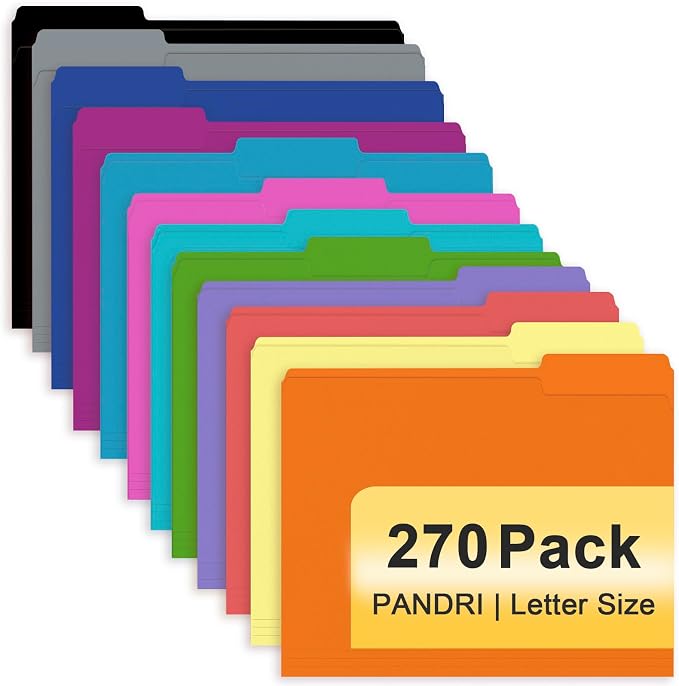 File Folder, PANDRI 270 Pack Colored File Folder, 1/3 Cut Tab, Letter Size, Assorted 12 Colors Filing Folder for Office School Business by PANDRI