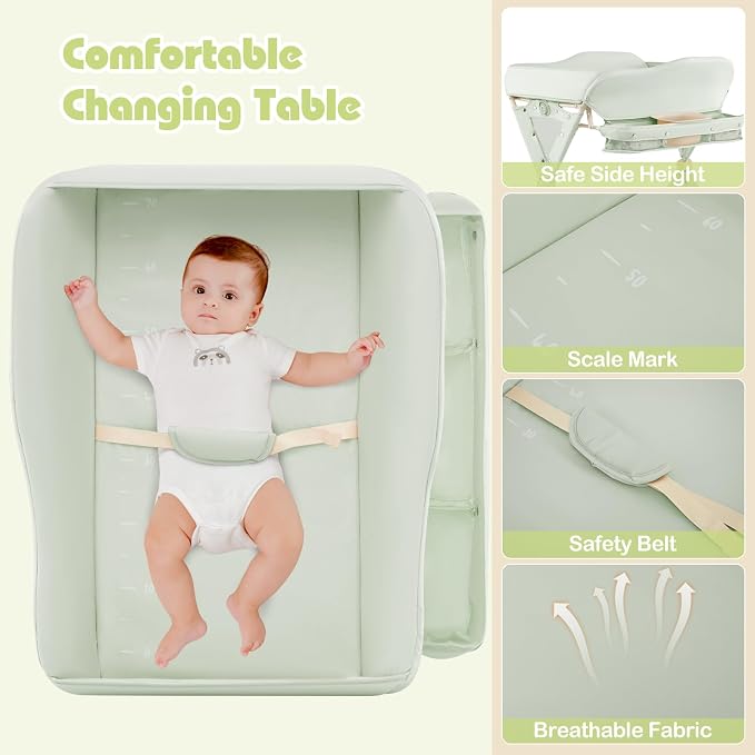 INFANS Baby Changing Table with Wheels, Portable Folding Diaper Station Nursery Organizer with Storage Basket, Hanging Rack, Adjustable Height, Safety Belt for Newborn Infant (Green) - Image 2