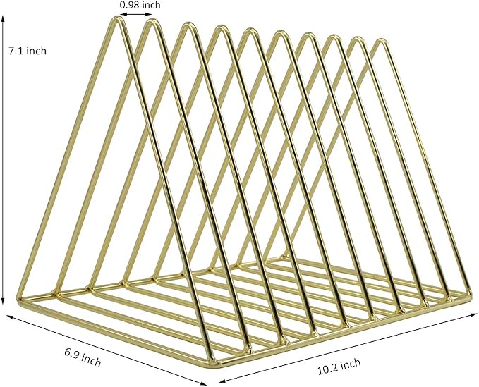 Gold File Holder Organizer, Triangle Record Album Holder Magazine Wire Rack, 9 Slot Multifunction Desktop Storage Decor for Home Office - Image 4