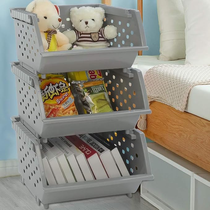 3-Pack Plastic Stacking Open Front Organizer Baskets, Gray | Durable stackable storage bins with modular design, large capacity, for pantry, closet, kitchen & garage organization - Image 5