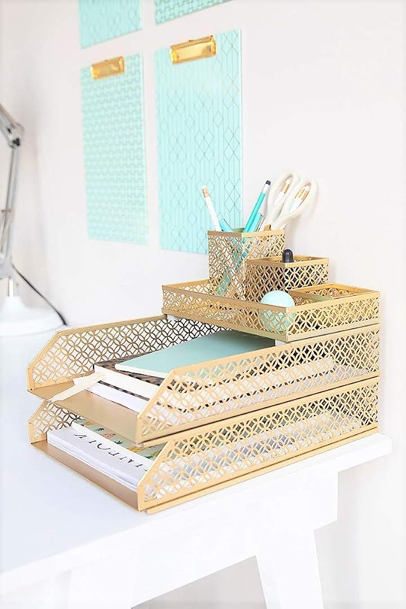 BLU MONACO | Gold Desk Organizer Set for Women 6 Piece | Mail Sorter Organizer Countertop with Letter Sorter for Desk | Steel Desktop Organizer with Mesh Pen Holders - Image 4