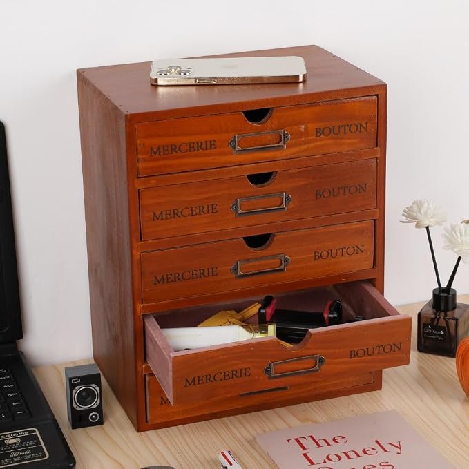 Small Wooden Drawers Wooden Box with Drawer, Brown 5 Wood Drawer | Countertop Storage Box for Apothecary Cabinet, Apothecary Drawers，Desktop Organizer for Office，Home - Image 4