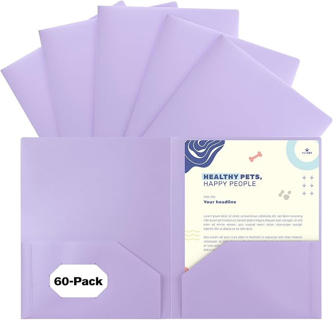 60-Pack Plastic Folders with Pockets,2-Pocket Pastel Folders Holds US Letter Size Paper for School/Office/Home, Purple by EEHZTSIOFFICE