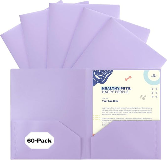 60-Pack Plastic Folders with Pockets,2-Pocket Pastel Folders Holds US Letter Size Paper for School/Office/Home, Purple by EEHZTSIOFFICE