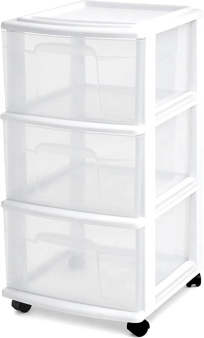 HOMZ Drawer Tower, 3-Tier Storage Cart with Removable Wheels, White Frame | Plastic Organizer with Clear Bin Drawers for Bedroom, Bathroom, Home Office, and Dorm Rooms - Image 9