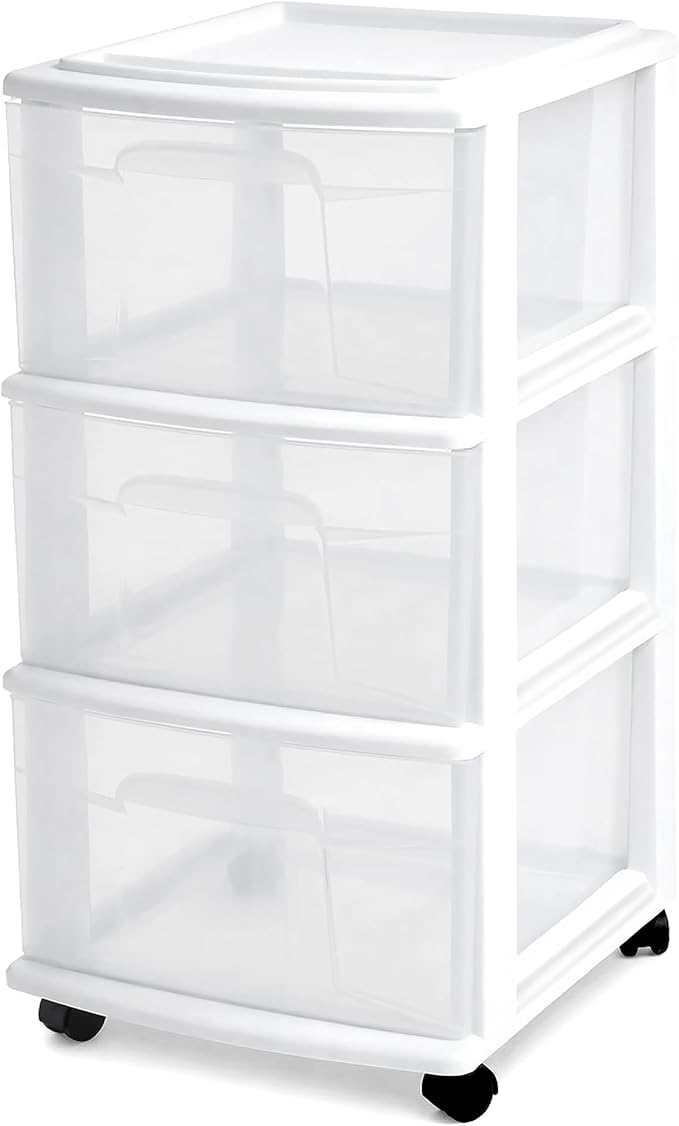 HOMZ Drawer Tower, 3-Tier Storage Cart with Removable Wheels, White Frame | Plastic Organizer with Clear Bin Drawers for Bedroom, Bathroom, Home Office, and Dorm Rooms by Homz