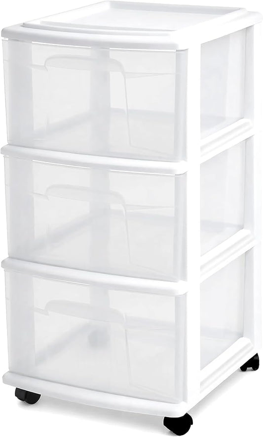 HOMZ Drawer Tower, 3-Tier Storage Cart with Removable Wheels, White Frame | Plastic Organizer with Clear Bin Drawers for Bedroom, Bathroom, Home Office, and Dorm Rooms by Homz