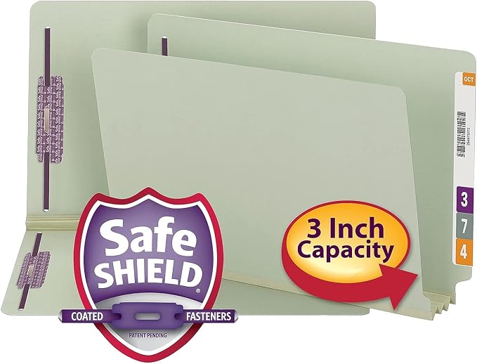 Smead End Tab Pressboard Fastener File Folder with SafeSHIELD Fasteners, 2 Fasteners, 3" Expansion, Legal Size, Gray/Green, 25 per Box (37725) - Image 7