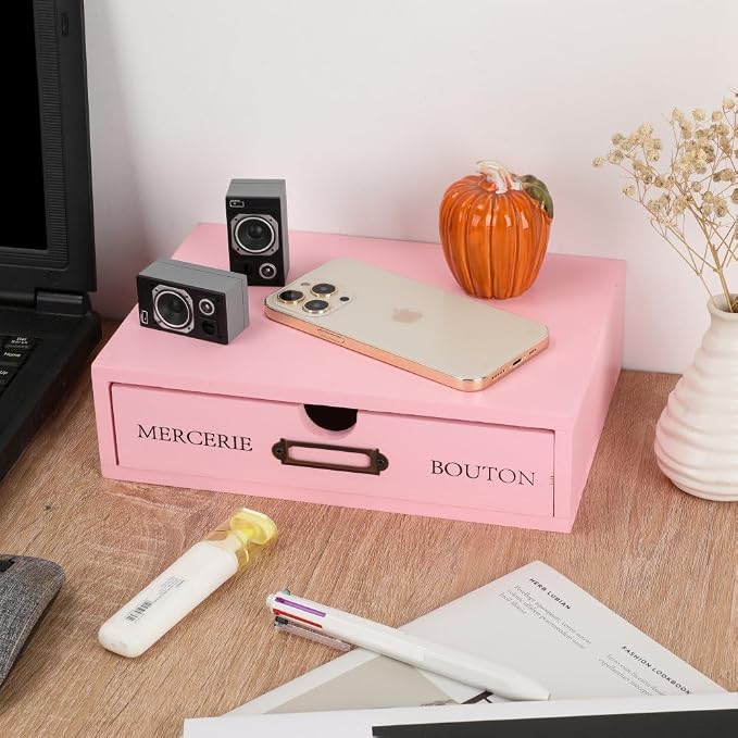 Wooden Drawers Pink Wood Desktop Organizer with Drawers | Vintage Wooden Storage Box for Apothecary Cabinet, Wood Drawer, Countertop Drawer for Library Card Catalog Cabinet - Image 5