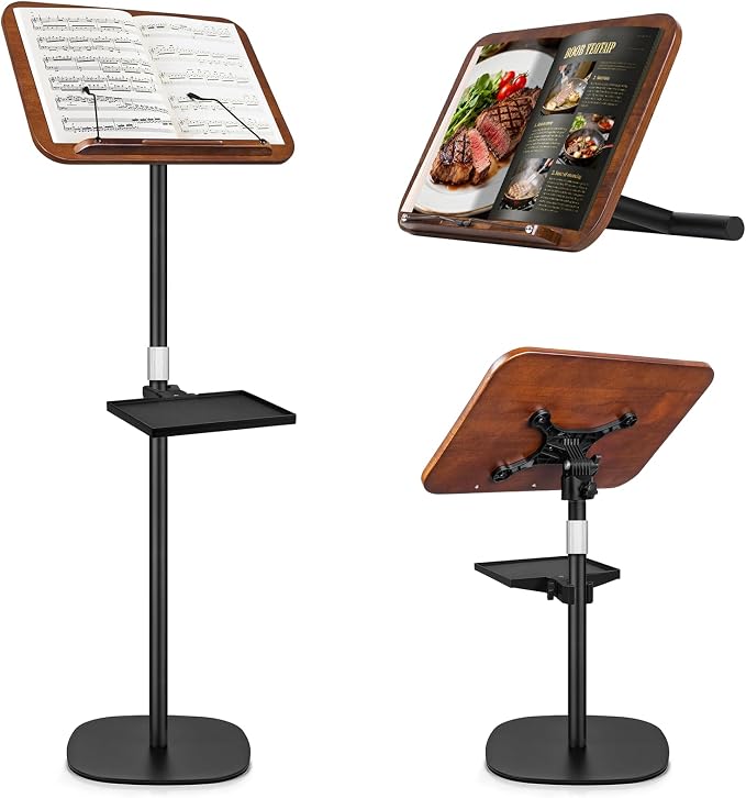 2 in 1 Dual-use Music Stand & Desktop Book Stand, Adjustable Height 16.5"-51", 100% Solid Wood Laptop Floor Stand Book Holder with Elastic Page Clips for Cookbooks (Black Walnut with Tray) by Unknown