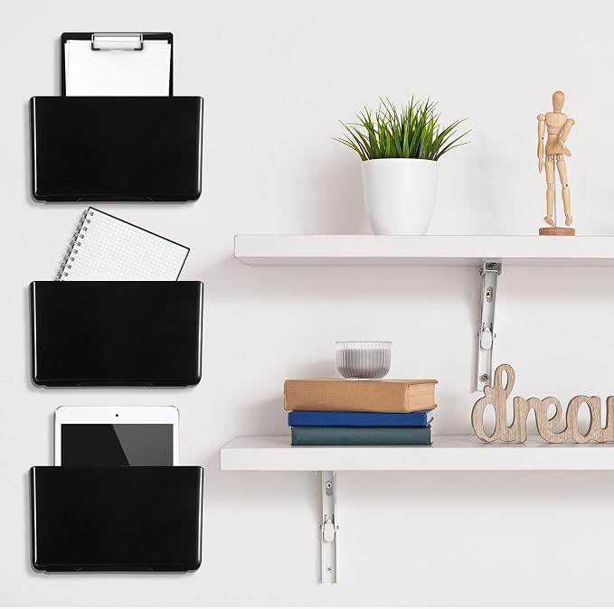 Tenceur 12 Pcs Plastic Single Pocket Wall Mount File Holder with Double Sided Adhesive Tape and Screws Wall File Hanging Folder Letter Paper Mail Organizer for Office Home Classroom(Black) - Image 6
