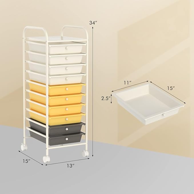 Storage Cart, Rolling Utility Cart with 10 Drawers, Portable Handles & Lockable Wheels, Mobile Paper Toys Storage Organizer Large Capacity for Home Office School Teacher (Yellow) - Image 3