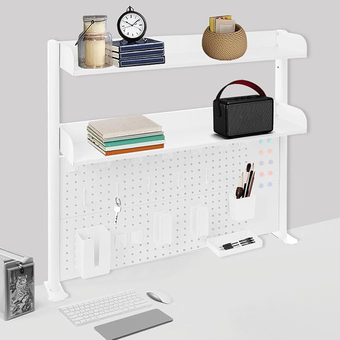 Clamp-On Pegboard Desk Organizer, 2-Tier Clamp On Desk Shelf with Hooks, Office Accessory Organizer for Books, Office Supplies & DIY Storage, 16.5lbs Capacity, 39.37" x 37.4", White - Image 2