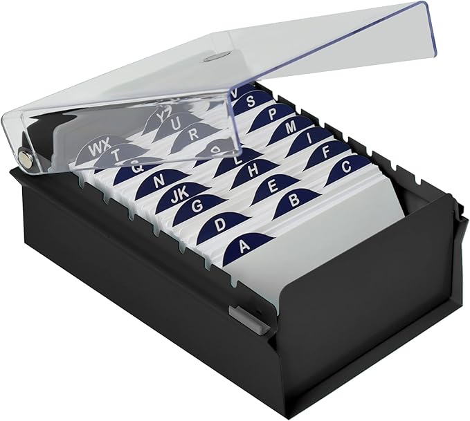 Acrimet 3 x 5 Card File Holder Organizer Box Metal Base Heavy Duty (AZ Index Cards and Divider Included) (Black Color with Clear Crystal Plastic Lid Cover) by Organizingyourlife