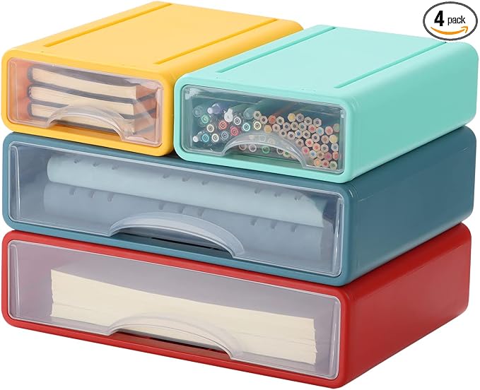 White Desktop Drawer Organizer Unit for Office Paper and Supplies | Mix Colors, 2 Large & 2 Small Drawers for Stationery Paper Clip, Desktop Storage Bins, Tabletop Craft Box, Makeup Organizer by OSteedWares