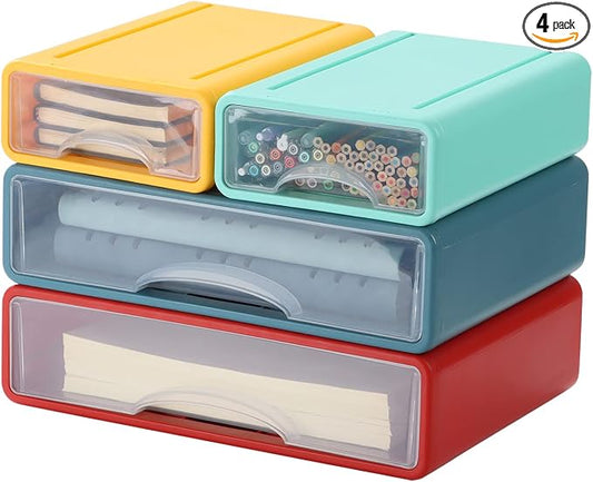 White Desktop Drawer Organizer Unit for Office Paper and Supplies | Mix Colors, 2 Large & 2 Small Drawers for Stationery Paper Clip, Desktop Storage Bins, Tabletop Craft Box, Makeup Organizer by OSteedWares