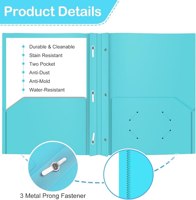 ViVin 12 Pack Plastic Folders with Pockets and Prongs, Heavy Duty 2 Pocket Folders with 3-Prong Fasteners, Poly File Holds 8-1/2" x 11" Paper for School Office Home (Lake Blue) - Image 2