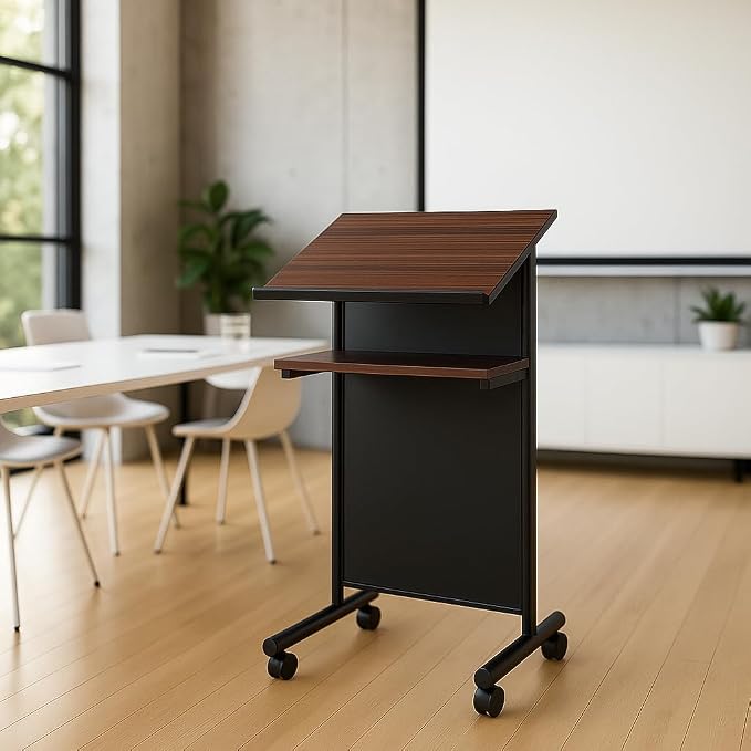 Wheeled Lectern Podium - Standing Desk with Storage Shelf - Cherry/Black - Ideal for Presentations and Laptop Use - Image 2
