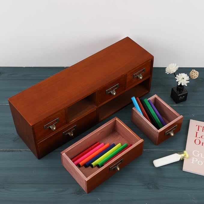 Apothecary Cabinet with Drawers, Apothecary Drawers, Brown 6 Wood Drawer | Vintage Wooden Storage Box Wood Desktop Organizer with Drawer, Library Card Catalog Cabinet - Image 4