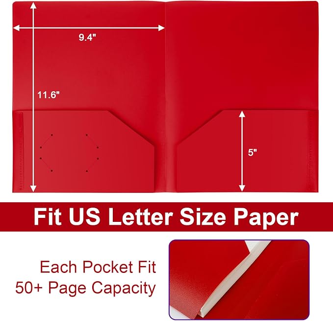 60-Pack Plastic Folders with Pockets,2-Pocket Poly Folders Holds 8-1/2" x 11" Paper for School/Office/Home, Red - Image 4