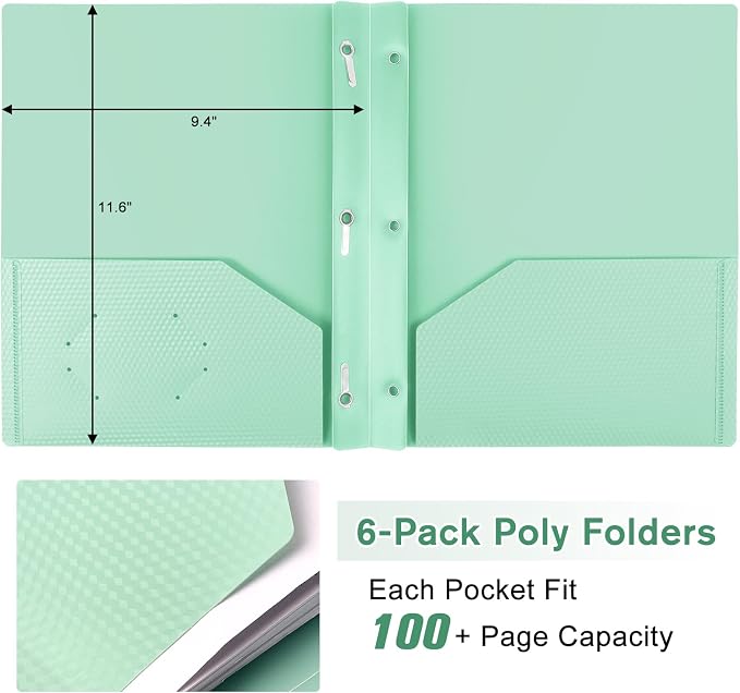 6-Pack Plastic andPockets and Prongs,2-Pocket and3 Fasteners, Pastel Folders Holds 8-1/2" x 11" Paper for School/Office/Home, Green - Image 4