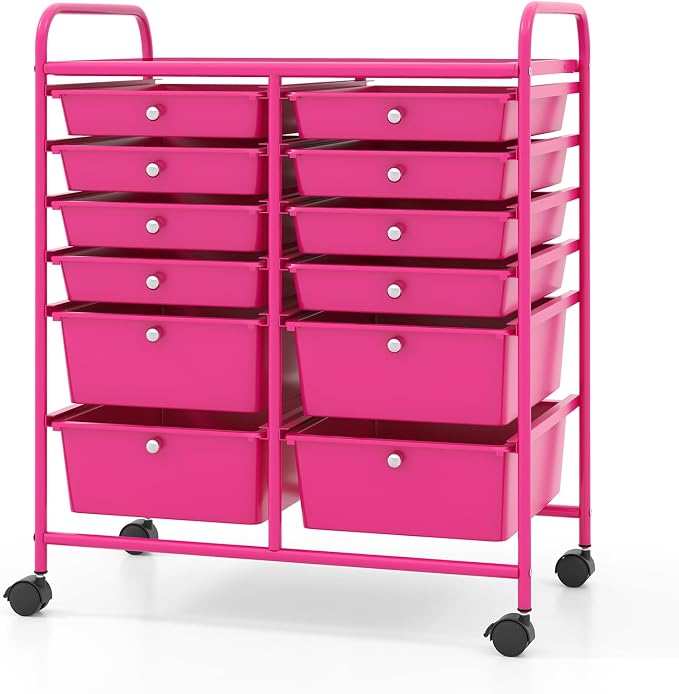 COSTWAY 12-Drawer Rolling Storage Cart, Moveable Art Craft Organizer | Lockable Wheels, Metal Shelf, Files Arrangement Tools Makeup Storage Cart for Office, Home, School (Hot Pink) by COSTWAY