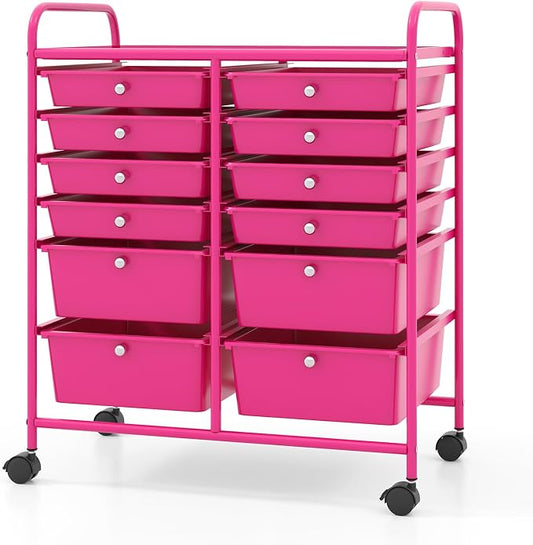 COSTWAY 12-Drawer Rolling Storage Cart, Moveable Art Craft Organizer | Lockable Wheels, Metal Shelf, Files Arrangement Tools Makeup Storage Cart for Office, Home, School (Hot Pink) by COSTWAY