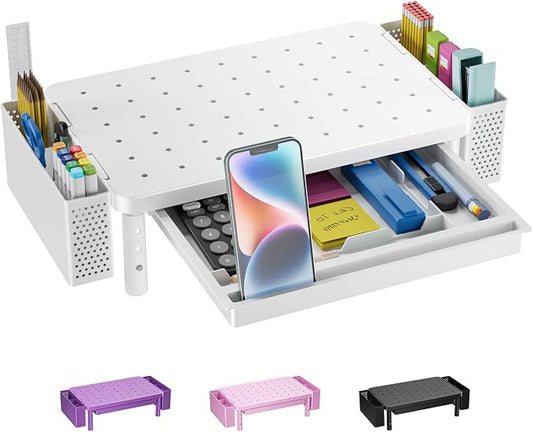 WALI Computer Monitor Stand with Storage, Desk Organizer with Drawer and Pen Holder, Desk Monitor Riser 3 Height Adjustable, Laptop Riser for Computer, Laptop, Printer(PTT003-W), 1 Pack, White by WALI