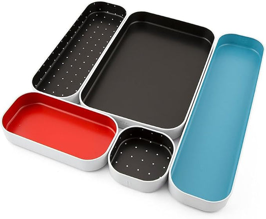 Three by Three Seattle Metal Drawer Organizer Tray Set, 5-Pc, 1" (Multi) | Colorful 1" metal bins; food-safe; soft non-scratch base; kitchen, bathroom, vanity, desk & office drawers by ThreebyThreeSeattle
