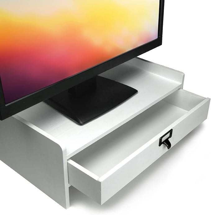 EXCELLO GLOBAL PRODUCTS Wooden Monitor Stand: Includes Drawer for Desktop Organization of Notebooks, Pens, Pencils & Office Supplies (White) - Image 2