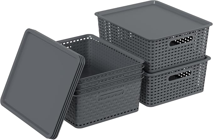 Zopnny Stackable Baskets with Lids, 6-Pack Storage Containers Bin | Plastic Shelf Organizer Bins, Baskets for Organizing Shelves Drawers Desktop Closet Playroom Classroom, Nested Stack, Grey - Image 7