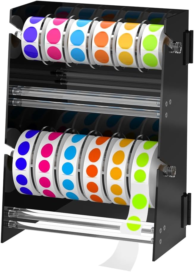 Adjustable Label Dispenser - 12 Disks Acrylic Sticker Roll Dispenser(Black) | Multi-Use Double-Layer Stable Sticker Roll Holder, Label Holder Sticker Holder Organizer, Desktop Label Stand for Home Office by Derkerry