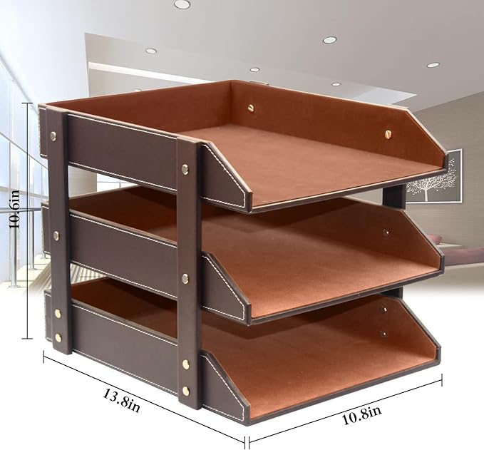 Very Sturdy 3 Tier Leather Desk File Rack for Office Supplies/Stationery/Folder,Stackable Letter Tray Organizer,Document Filing Organizer Holder for Desktop Storage (Brown)… - Image 2