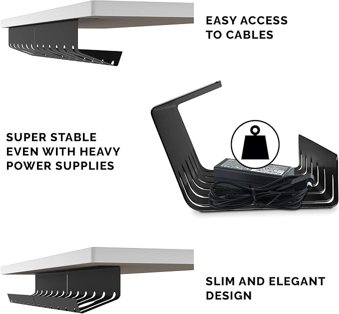 PAMO Cable Management Under Desk, Set of 2 - Grey/Silver | Easy under-table mounting keeps cables organized, includes 10 cable ties for a clean and tidy office or home workspace. - Image 6
