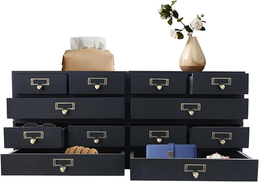 Stackable 4 Pack Pine Wood Desktop Storage Organizer with 3 Drawers, Brown Tabletop Drawer Box with Metal Handles, Space Saving for Office Study Living Room Coffee Bar (Black) by Unknown