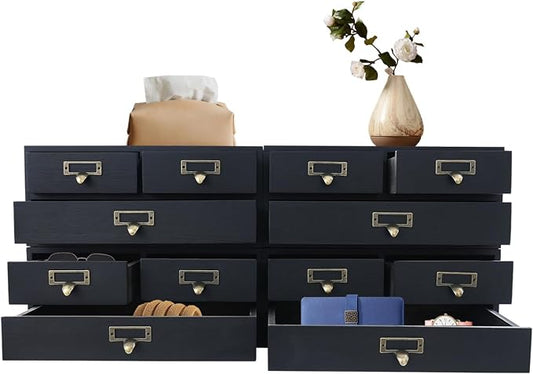 Wooden Desktop Organizer, 3 Tier Tabletop Storage Cabinet with 12 Drawers Composable Four-Piece Set & Metal Handles Modular Stackable Desktop Apothecary Cabinet for Home Offices Schools (Black) by Unknown
