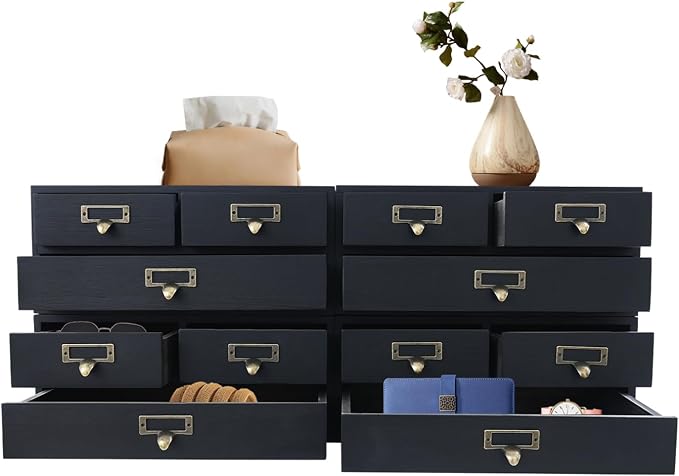 4-Pack Wooden Storage Box with 3 Drawers, Vintage Desktop Organizer Apothecary Cabinet Stackable Drawers with Label Holders for Herb Storage, Tea Collection, Stationery by Uphilltool