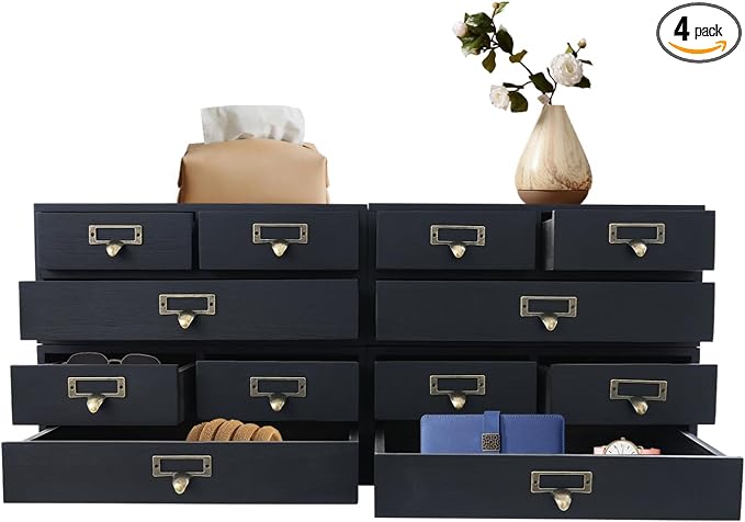 4 Pcs Vintage Desktop Organizer Set, Wooden 12 Drawer Storage Cabinets with Metal Handles & Label Slots, Stackable Apothecary Chest for Office, Herb, Tea, Jewelry and Stationery Organization (Black) by Unknown