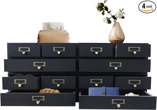 4 Pcs Vintage Desktop Organizer Set, Wooden 12 Drawer Storage Cabinets with Metal Handles & Label Slots, Stackable Apothecary Chest for Office, Herb, Tea, Jewelry and Stationery Organization (Black) by Unknown