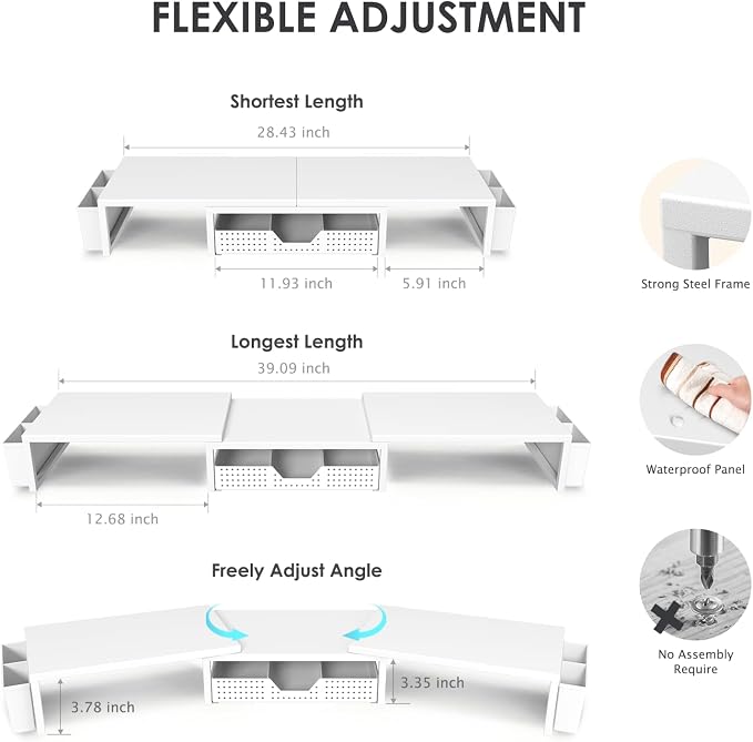 Desk Organizers and Accessories, Dual Monitor Stand Riser with Drawer and 2 Pen Holders, Desk Shelf Computer Racks for Office Workspace Organizers, Desktop Organization (White) - Image 3