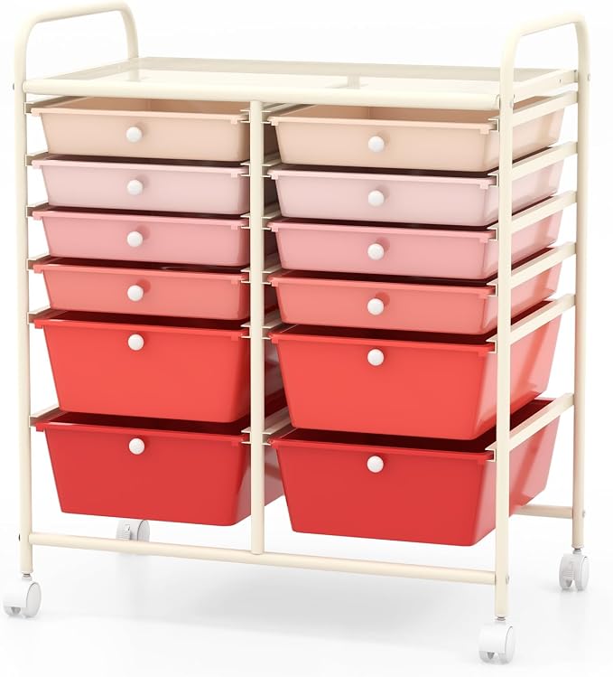 COSTWAY 12-Drawer Rolling Storage Cart, Moveable Art Craft Organizer | Lockable Wheels, Metal Shelf, Files Arrangement Tools Makeup Storage Cart for Office, Home, School (Mixed Pink) by COSTWAY