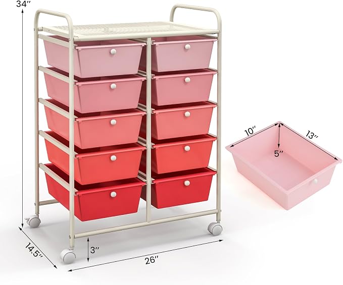 Moccha 10-Drawer Rolling Storage Cart - Under Desk Storage Drawers with wheels for Craft Art Supply Paper Salon, Scrapbook Paper Tools, Mobile Utility Cart for Classroom, Gradient Pink - Image 2